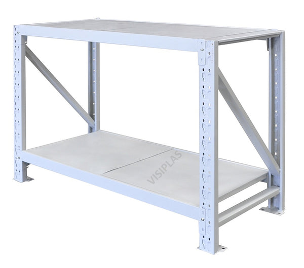 Angled View V9122 VISIPLAS 930mm High Starter Bench with 1200mm x 600mm Shelves on 2 Levels